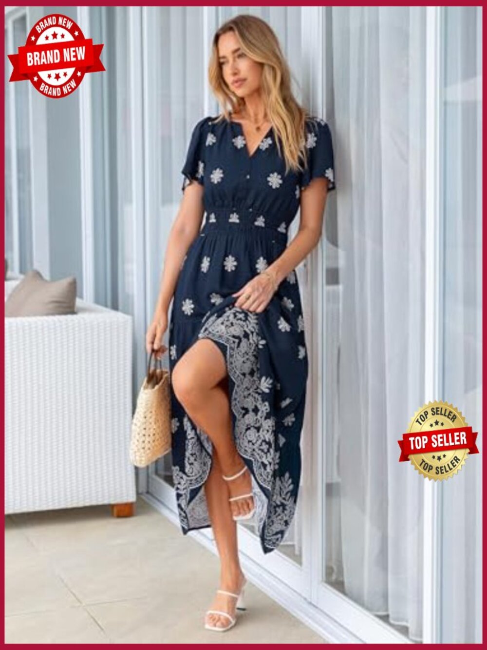 Boho Floral Maxi Dress V-Neck Short Sleeve Tiered Flowy Wedding Guest - Picture 6 of 7